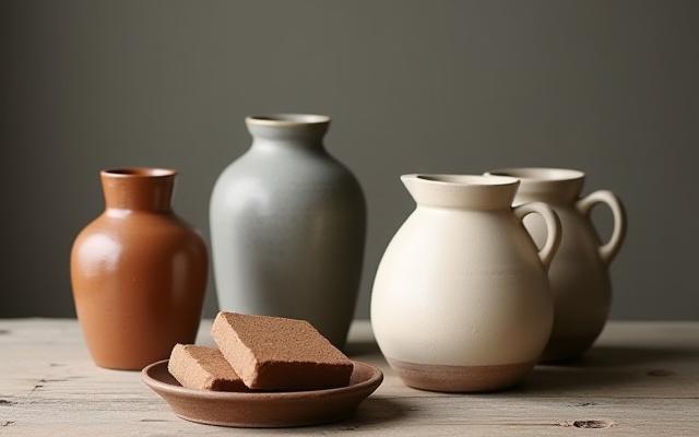 Eine Reihe von handgefertigten Keramiktassen auf einem Holztisch