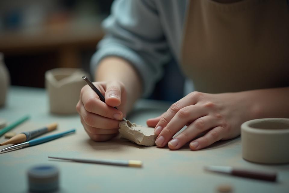 Zwei Hände restaurieren vorsichtig ein zerbrochenes Keramikstück auf einer Werkbank, mit Werkzeugen und Klebstoff daneben.