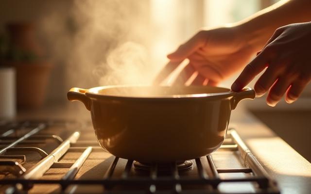 Ein Keramikgefäß steht auf einer heißen Ofenplatte, daneben dampfende Hände, die Vorsicht andeuten.