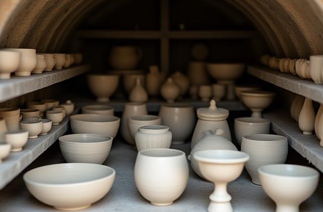 Keramische Gegenstände vor dem Schrühbrand im Ofen arranged