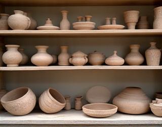 Regale mit trocknenden, unfertigen Keramikstücken