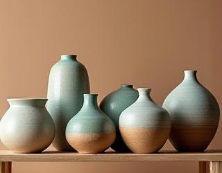 Reihe von fertigen Keramikstücken, glasiert und gebrannt